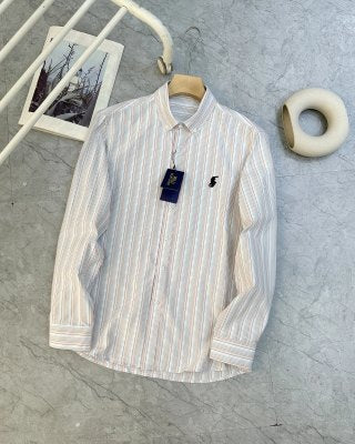Ralph Lauren Shirt Stripe Mandarin Collar Long Sleeve Casual Shirt