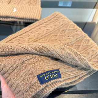 Ralph Lauren Hat Beige Cable-Knit Beanie and Scarf Set