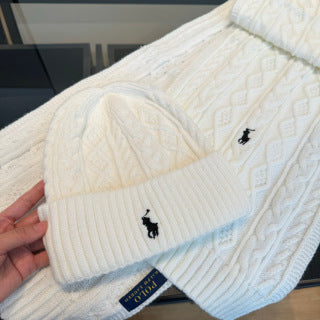 Ralph Lauren Hat Ivory Pony Cable Beanie Scarf Set