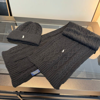 Ralph Lauren Hat Black Cable Knit Beanie and Scarf Set