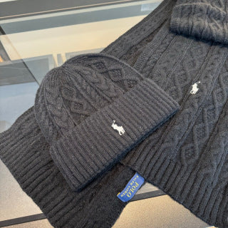 Ralph Lauren Hat Black Cable Knit Beanie and Scarf Set