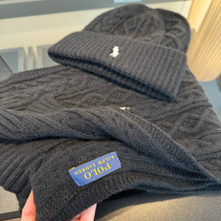 Ralph Lauren Hat Black Cable Knit Beanie and Scarf Set