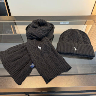 Ralph Lauren Hat Black Cable Knit Beanie and Scarf Set