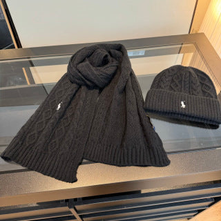 Ralph Lauren Hat Black Cable Knit Beanie and Scarf Set