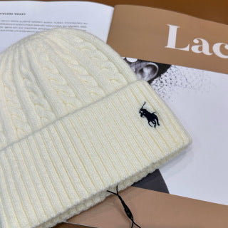 Ralph Lauren Hat Soft Ivory Side Pony Wide Rib Beanie