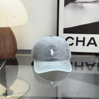 Ralph Lauren Hat Washed Light Gray Baseball Cap with White Pony Embroidery