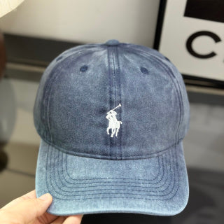 Ralph Lauren Hat Faded Denim Blue Baseball Cap with White Pony Embroidery