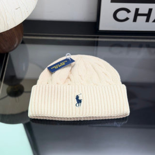 Ralph Lauren Hat Cream Cable Knit Cuffed Beanie with Navy Pony Embroidery