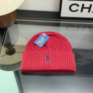 Ralph Lauren Hat Crimson Red Cable Knit Beanie with Blue Pony Embroidery
