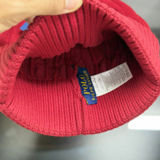 Ralph Lauren Hat Crimson Red Cable Knit Beanie with Blue Pony Embroidery