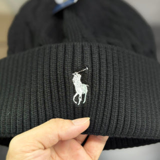 Ralph Lauren Hat Black Cable Knit Beanie with White Pony Embroidery