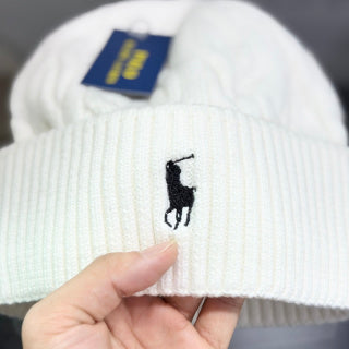 Ralph Lauren Hat Ivory Cable Knit Beanie with Dark Pony Embroidery