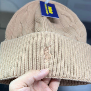 Ralph Lauren Hat Oatmeal Beige Cable Knit Beanie with Tonal Pony Embroidery
