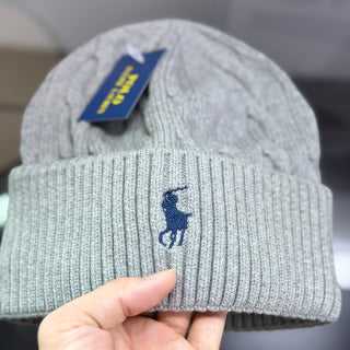 Ralph Lauren Hat Light Heather Mint Cable Knit Beanie with Navy Pony Embroidery