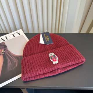 Ralph Lauren Hat Deep Burgundy Ribbed Knit Beanie with Front Polo Bear Patch