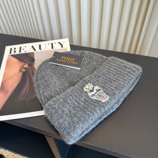 Ralph Lauren Hat Charcoal Ribbed Knit Beanie with Monochrome Polo Bear Patch