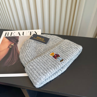 Ralph Lauren Hat Heather Gray Ribbed Knit Beanie with Polo Bear Front Patch