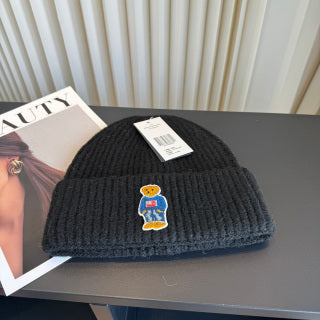 Ralph Lauren Hat Black Ribbed Knit Beanie with Front Polo Bear Patch