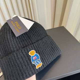 Ralph Lauren Hat Black Ribbed Knit Beanie with Front Polo Bear Patch