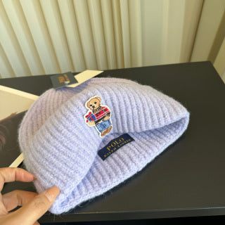Ralph Lauren Hat Pale Lilac Ribbed Knit Beanie with Front Polo Bear Patch