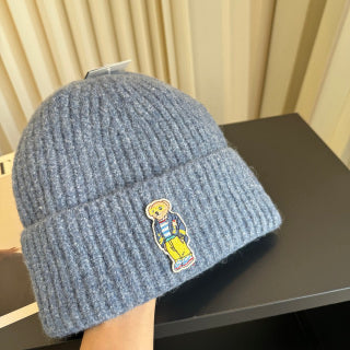 Ralph Lauren Hat Heather Blue Ribbed Knit Beanie with Front Bear Patch