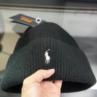 Ralph Lauren Hat Black Ribbed Knit Beanie with White Pony Embroidery