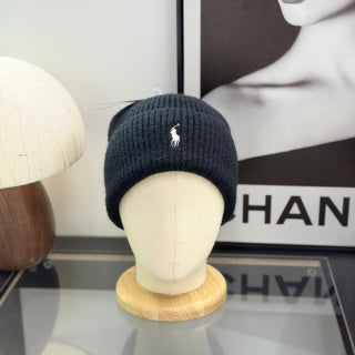 Ralph Lauren Hat Black Ribbed Knit Beanie with White Pony Embroidery