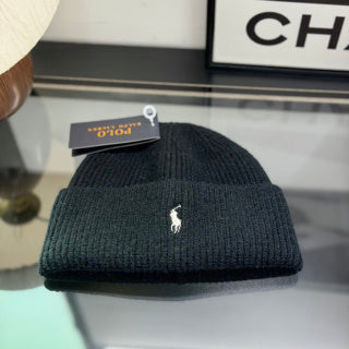 Ralph Lauren Hat Black Ribbed Knit Beanie with White Pony Embroidery