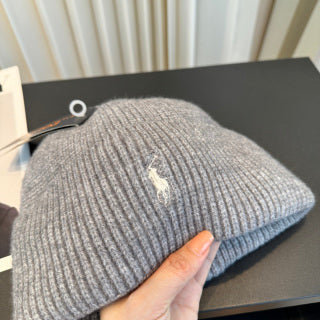 Ralph Lauren Hat Gray Ribbed-Knit White Pony Beanie