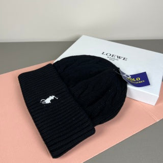 Ralph Lauren Hat Black Cable Knit White Pony Beanie