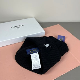 Ralph Lauren Hat Black Cable Knit White Pony Beanie