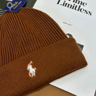 Ralph Lauren Hat Cognac Brown White Pony Ribbed Cuff Beanie