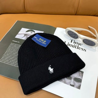 Ralph Lauren Hat Black White Pony Front Ribbed Beanie