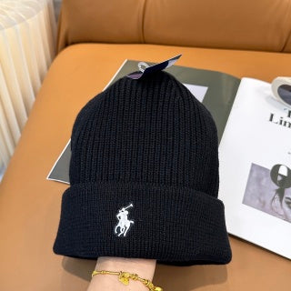 Ralph Lauren Hat Black White Pony Front Ribbed Beanie