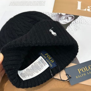 Ralph Lauren Hat Black Side Pony Textured Ribbed Beanie
