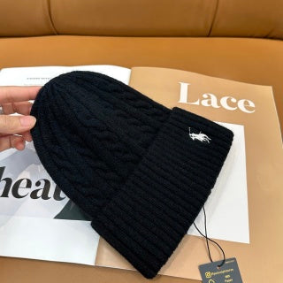 Ralph Lauren Hat Black Side Pony Textured Ribbed Beanie
