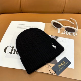 Ralph Lauren Hat Black Side Pony Textured Ribbed Beanie