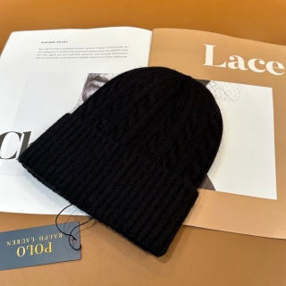 Ralph Lauren Hat Black Side Pony Textured Ribbed Beanie