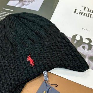 Ralph Lauren Hat Jet Black Red Pony Cable Rib Knit Beanie