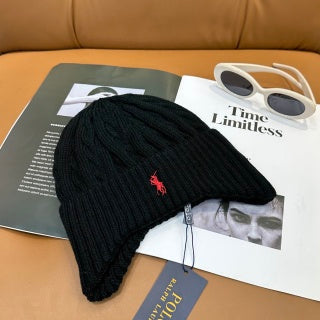 Ralph Lauren Hat Jet Black Red Pony Cable Rib Knit Beanie