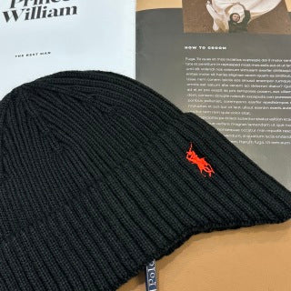 Ralph Lauren Hat Black Red Pony Deep Rib Knit Beanie