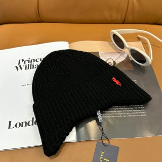 Ralph Lauren Hat Black Red Pony Deep Rib Knit Beanie