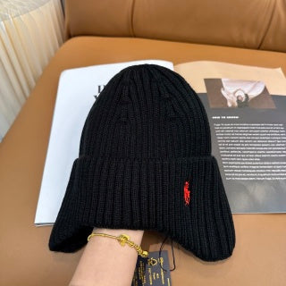 Ralph Lauren Hat Black Red Pony Deep Rib Knit Beanie