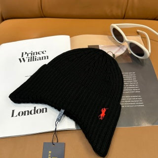 Ralph Lauren Hat Black Red Pony Deep Rib Knit Beanie